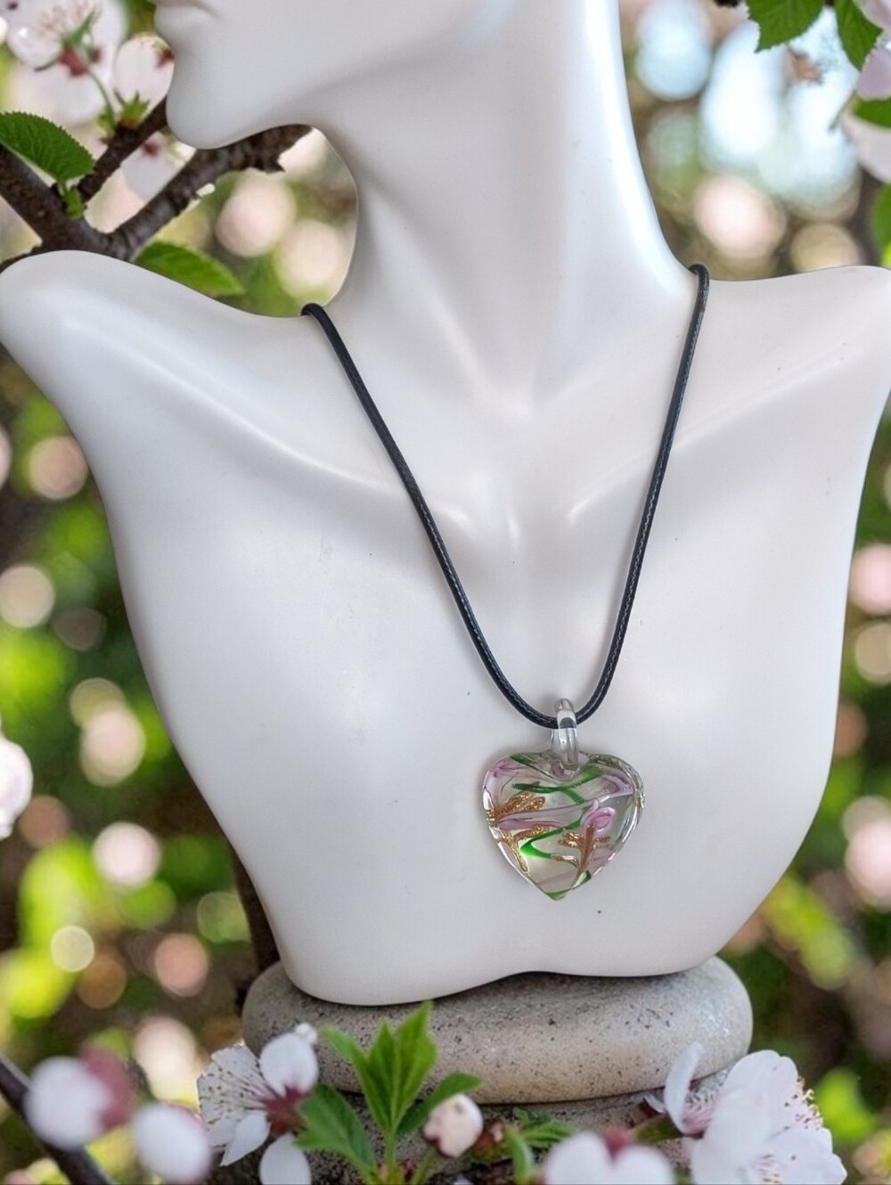Handmade Pink & Green Glass Heart Pendant Necklace